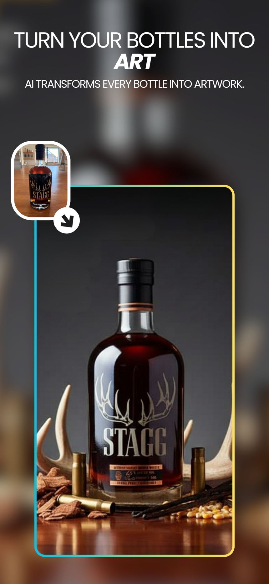 AI artwork of a Stagg bottle next to the original photo.