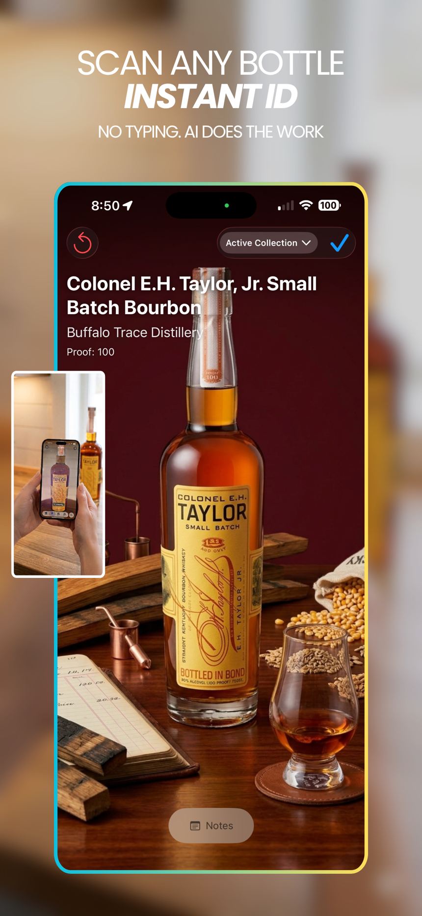 Scan screen. The app identifies an E.H. Taylor bourbon bottle.